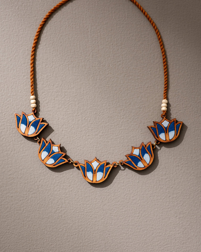 WHE Indigo Bloom Lotus Repurposed Fabric and Wood Necklace