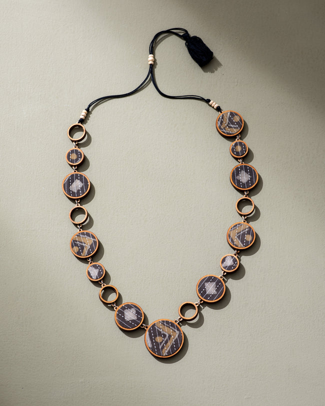 WHE Reversible 2-In-1 Blue Brown Repurposed Fabric and Wood Necklace