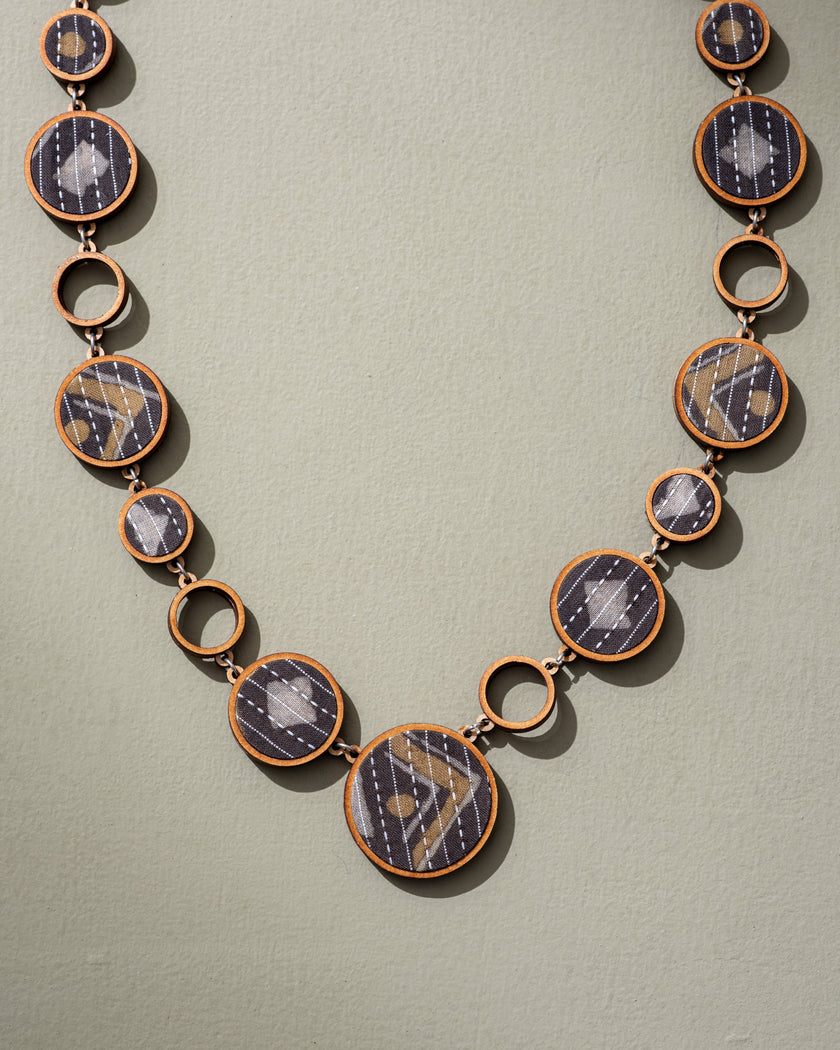 WHE Reversible 2-In-1 Blue Brown Repurposed Fabric and Wood Necklace