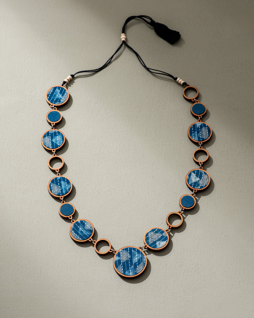 WHE Reversible 2-In-1 Blue Brown Repurposed Fabric and Wood Necklace