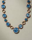 WHE Reversible 2-In-1 Blue Brown Repurposed Fabric and Wood Necklace