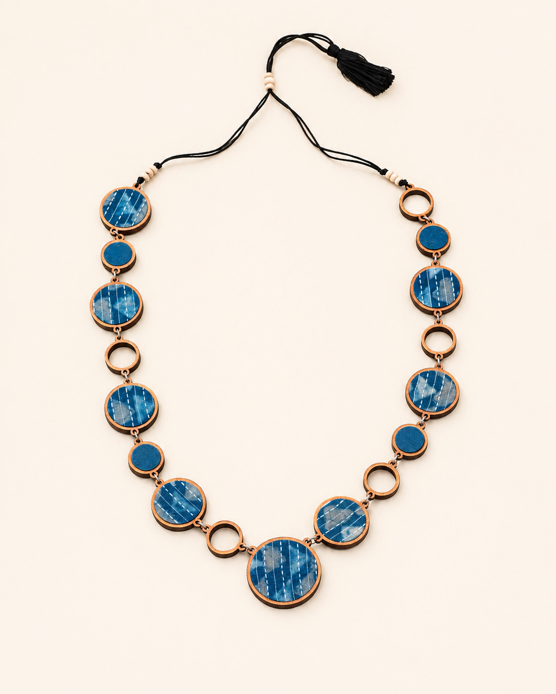 WHE Reversible 2-In-1 Blue Brown Repurposed Fabric and Wood Necklace
