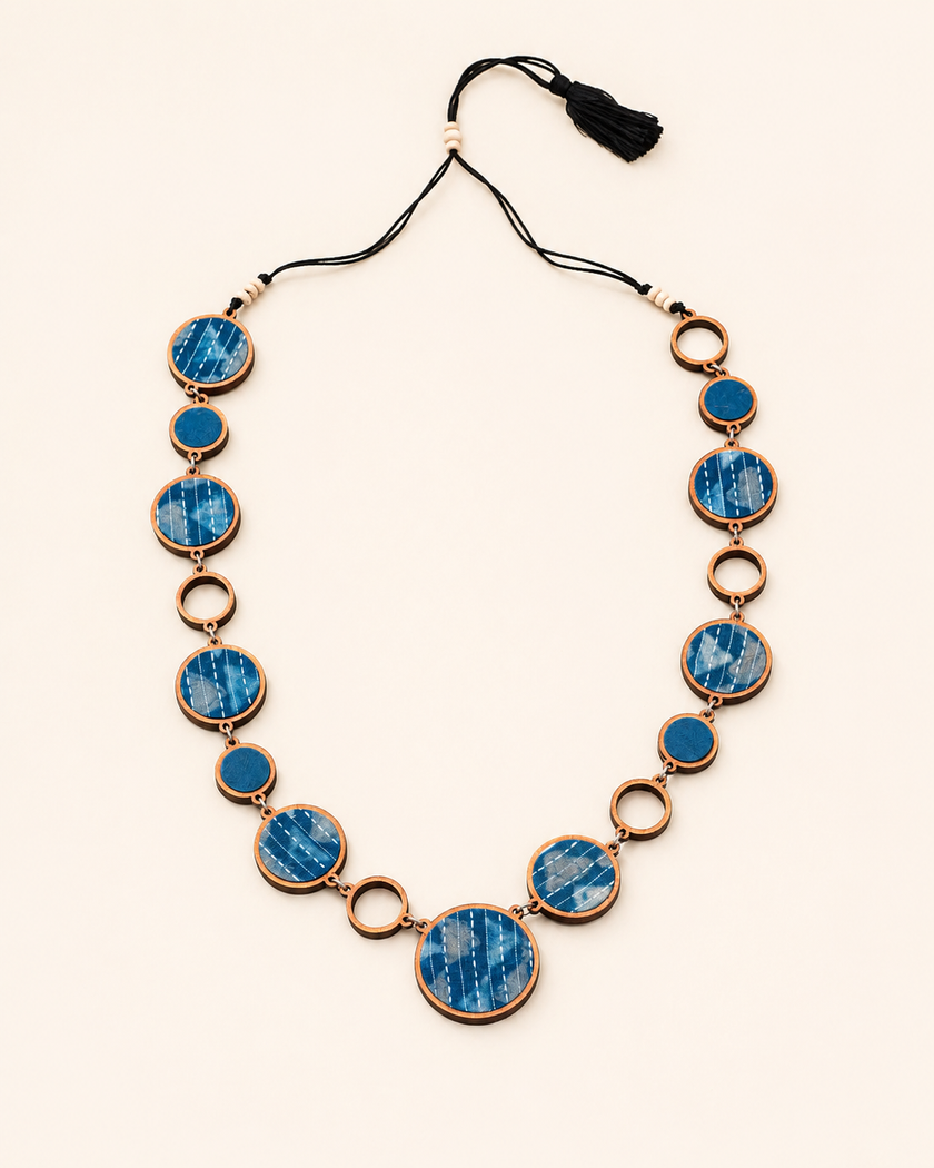WHE Reversible 2-In-1 Blue Brown Repurposed Fabric and Wood Necklace