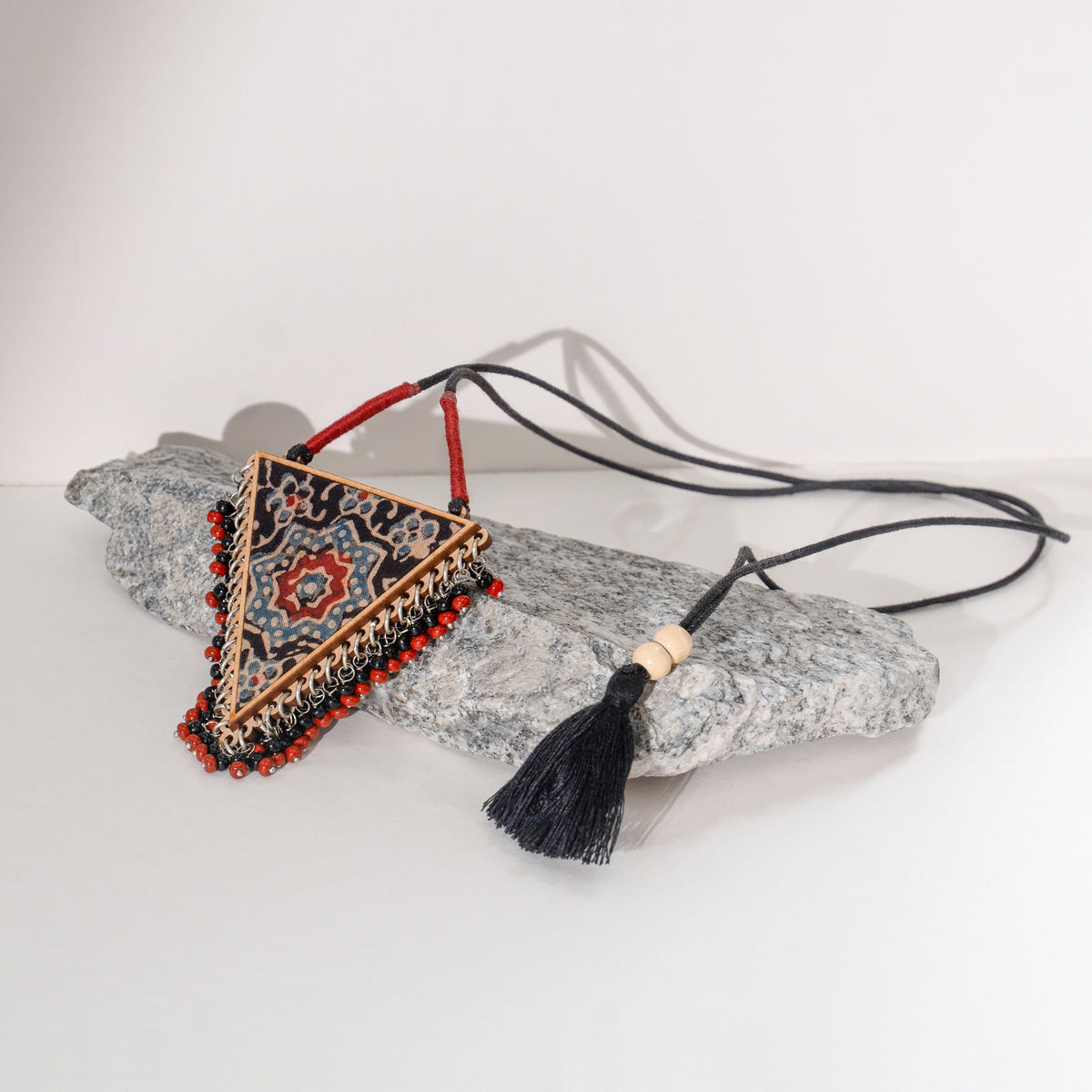 WHE Two in One Multicolor Repurposed Fabric and Wood Triangle Pendant
