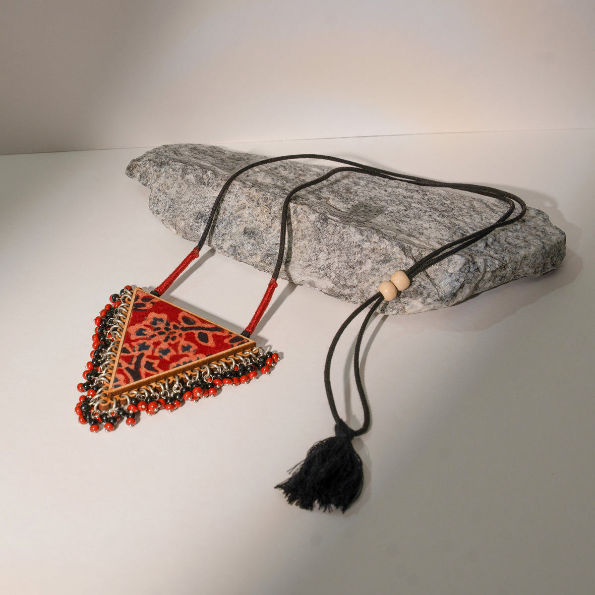 WHE Two in One Multicolor Repurposed Fabric and Wood Triangle Pendant