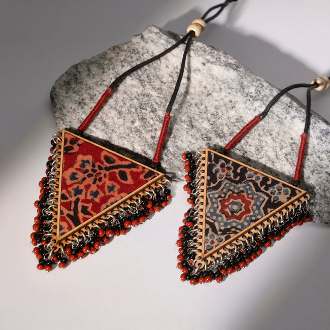 WHE Two in One Multicolor Repurposed Fabric and Wood Triangle Pendant