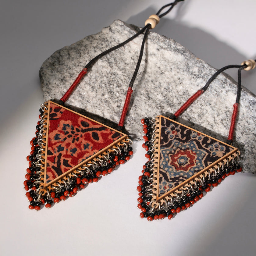 WHE Two in One Multicolor Repurposed Fabric and Wood Triangle Pendant