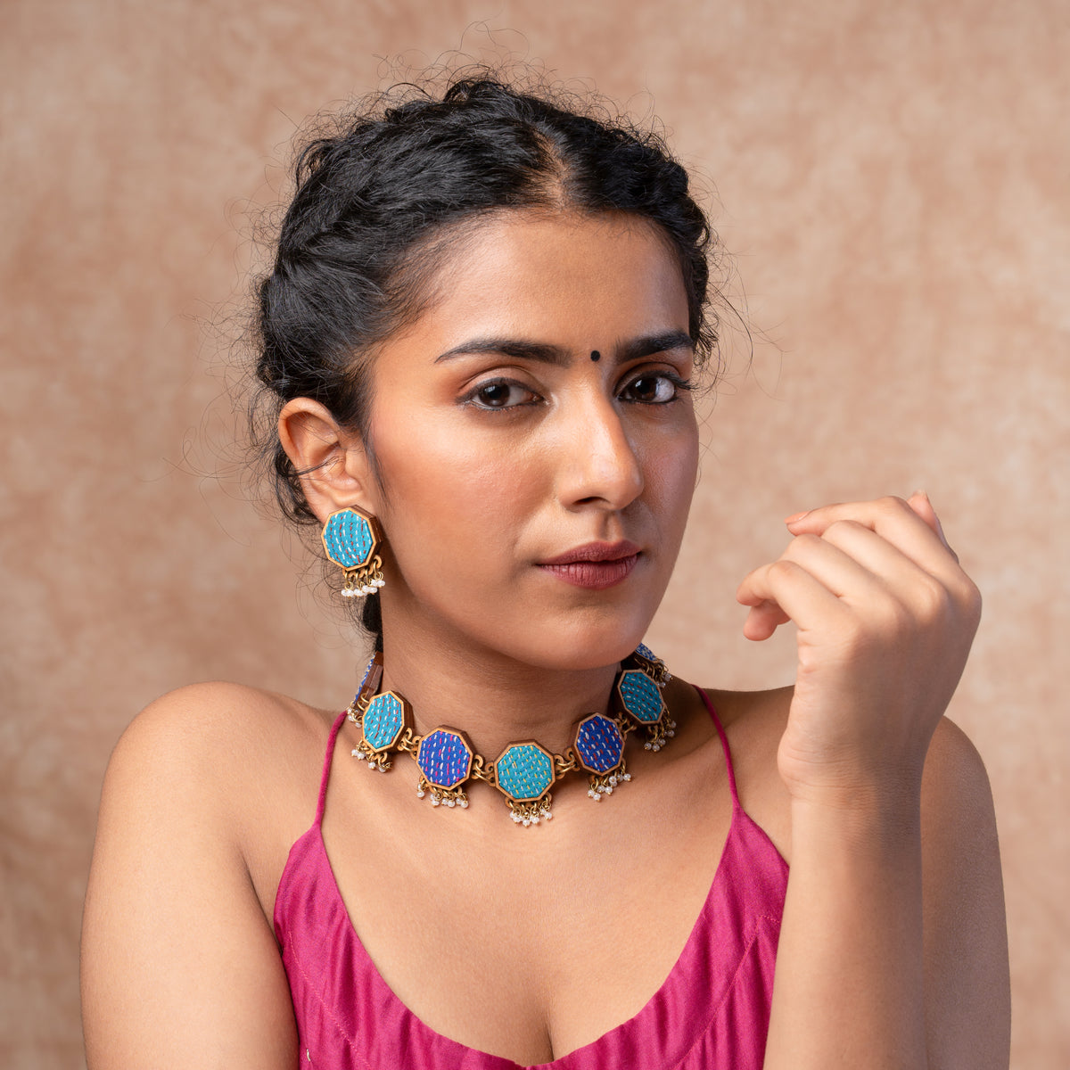 WHE Neel Tarang Kantha Repurposed Silk Fabric and Wood Necklace
