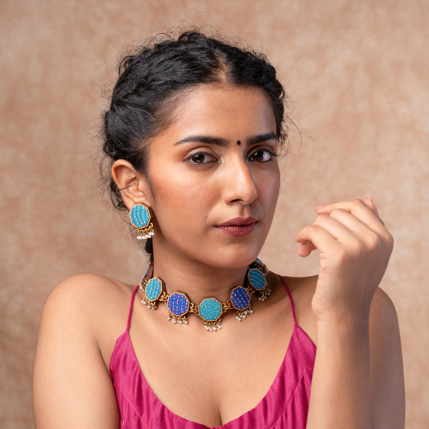 WHE Neel Tarang Kantha Repurposed Silk Fabric and Wood Necklace