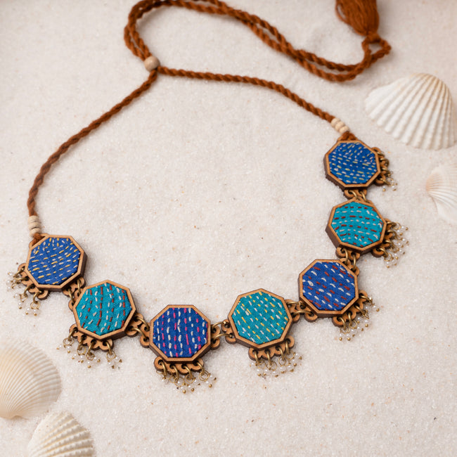 WHE Neel Tarang Kantha Repurposed Silk Fabric and Wood Necklace
