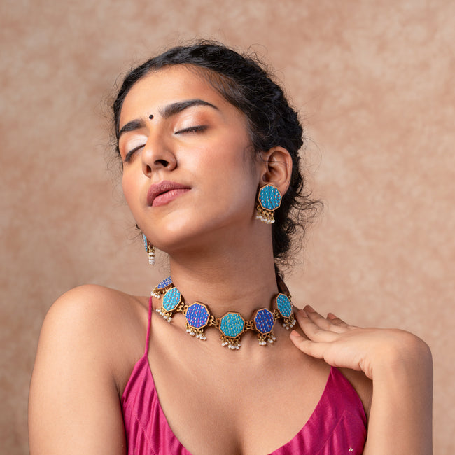 WHE Neel Tarang Kantha Repurposed Silk Fabric and Wood Necklace