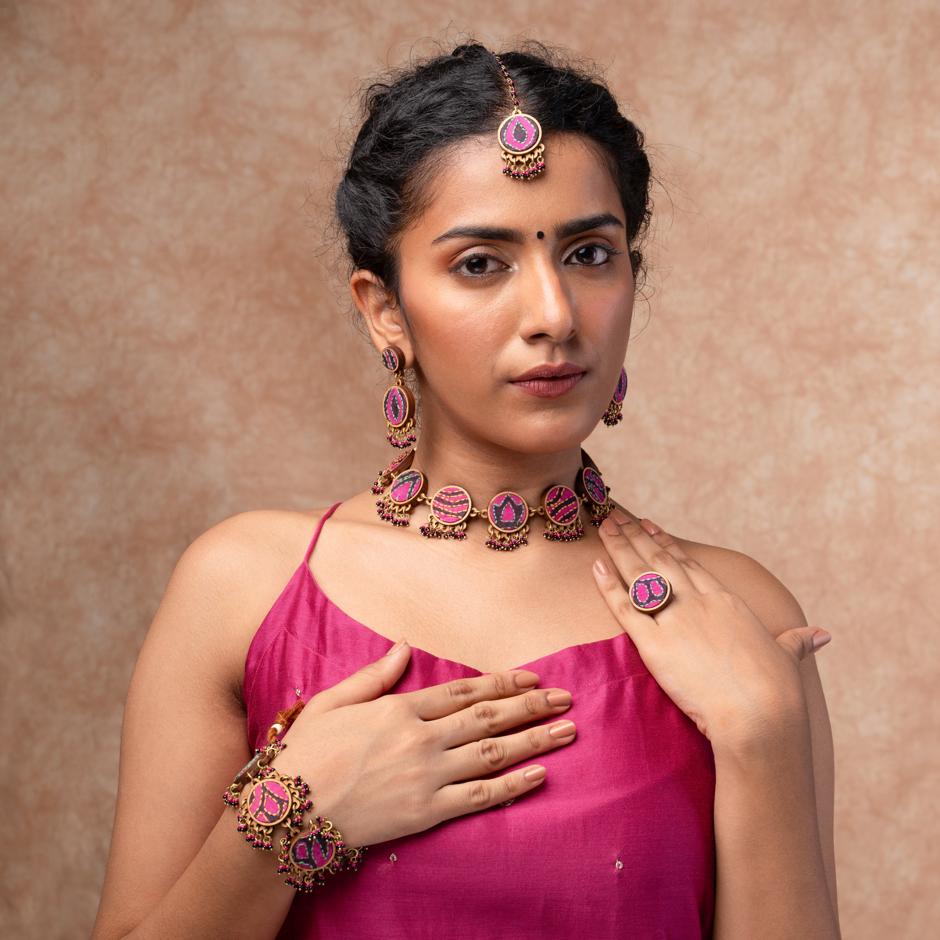 WHE Multicolor Kantha Silk Fabric and Repurposed Wood Necklace