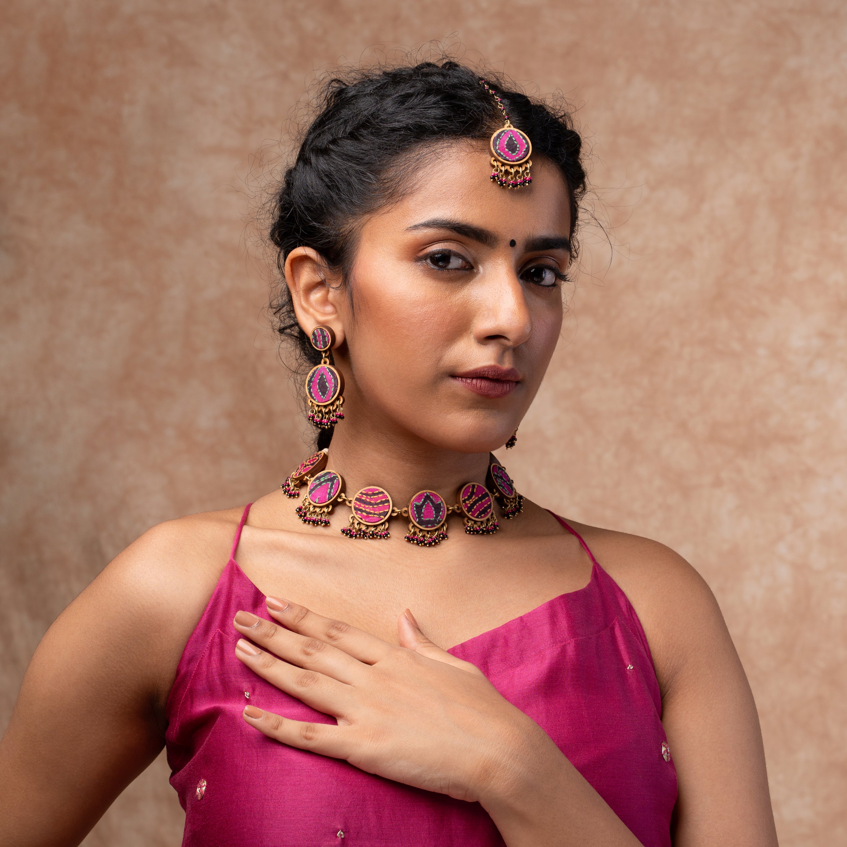 WHE Multicolor Kantha Silk Fabric and Repurposed Wood Necklace