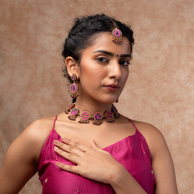 WHE Multicolor Kantha Silk Fabric and Repurposed Wood Necklace