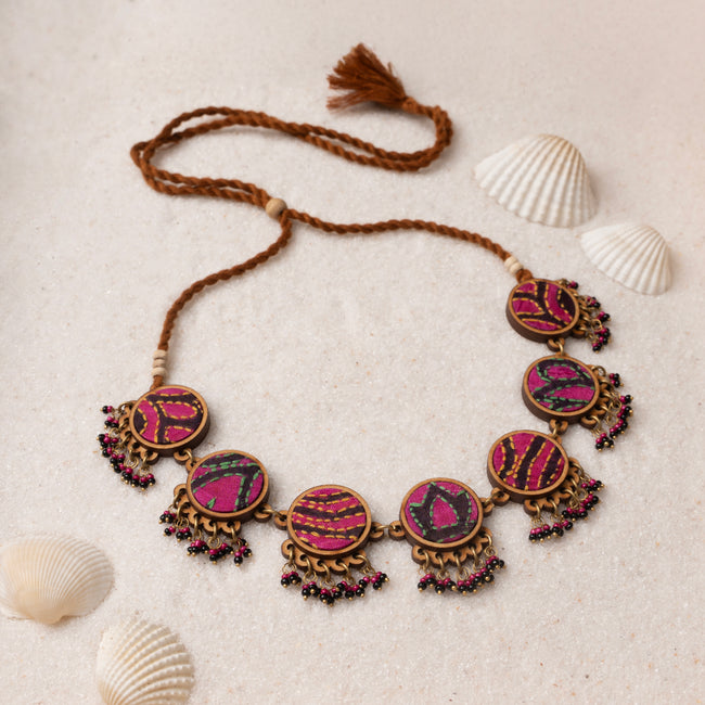 WHE Multicolor Kantha Silk Fabric and Repurposed Wood Necklace