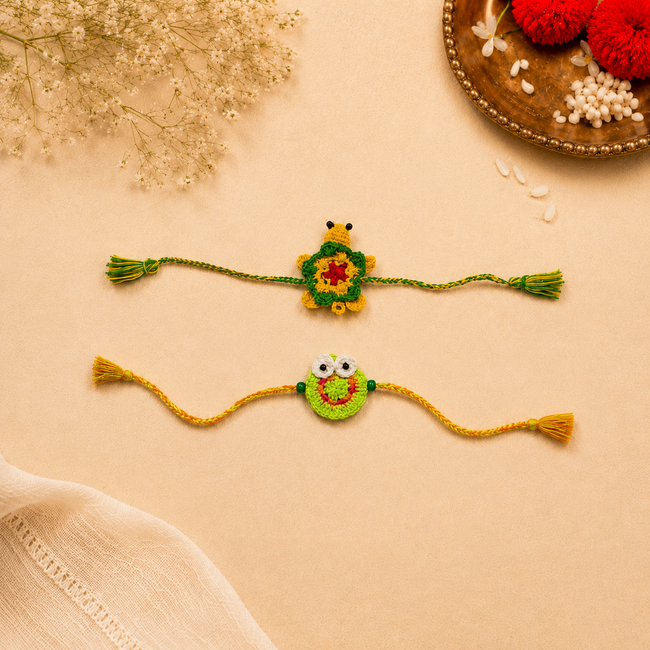 Whe Set of 2 Handmade Crochet Frog & Turtle Rakhi Combo
