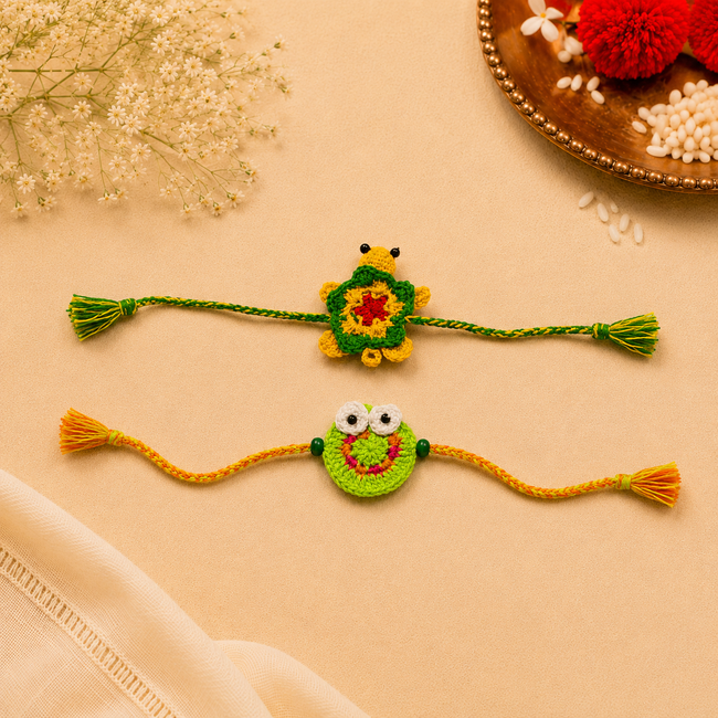 Whe Set of 2 Handmade Crochet Frog & Turtle Rakhi Combo