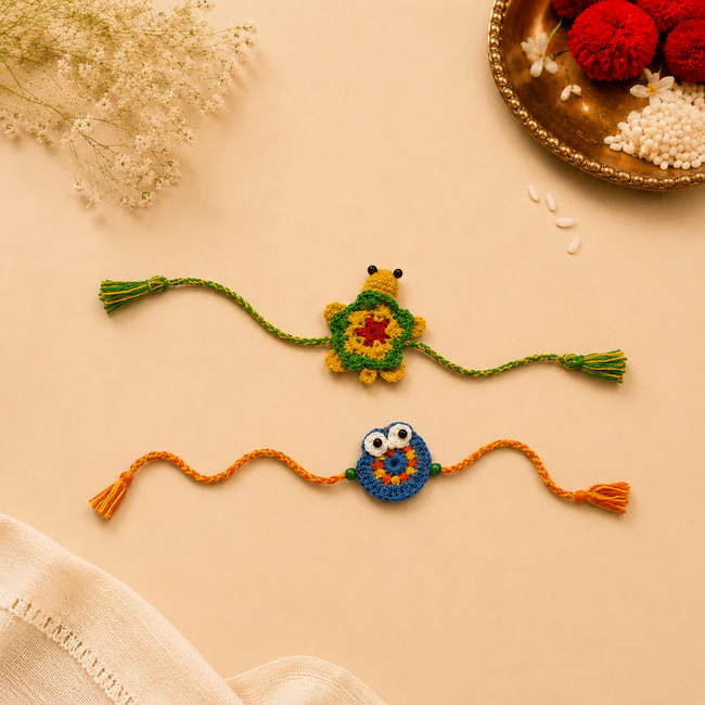 Whe Set of 2 Handmade Crochet Turtle & Owl Rakhi Combo