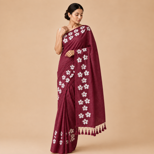 Small Daisy Flower Border Hand Painted Mul Cotton Saree - Without Blouse