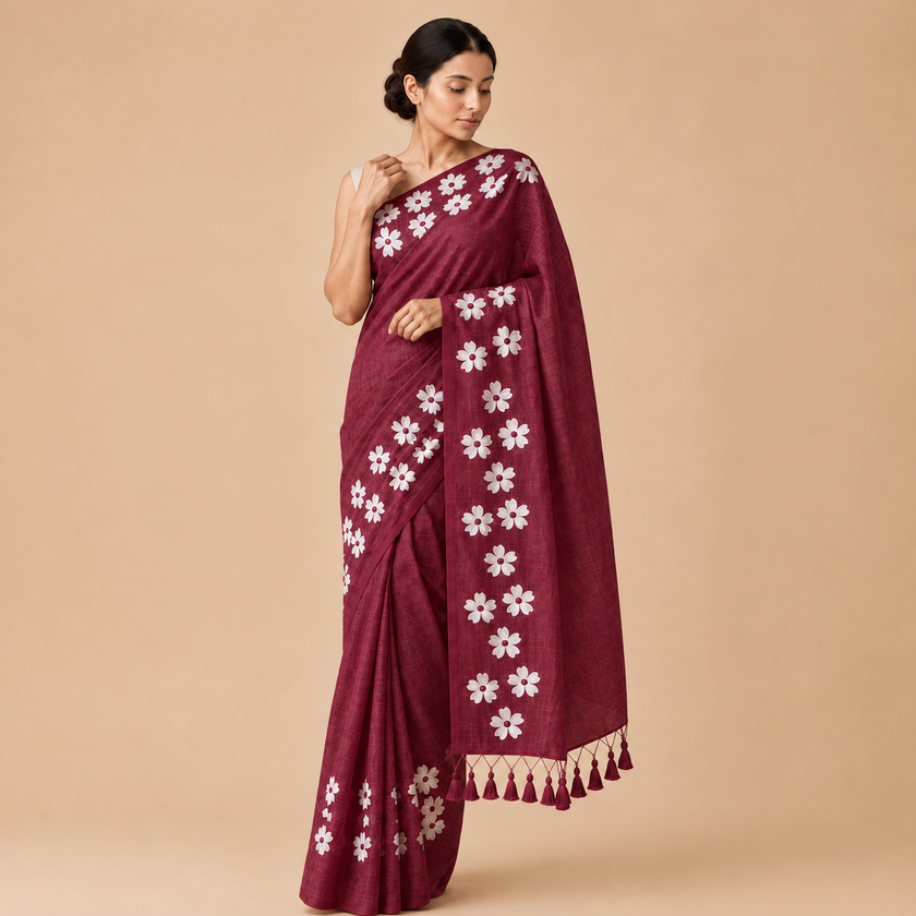 Small Daisy Flower Border Hand Painted Mul Cotton Saree - Without Blouse