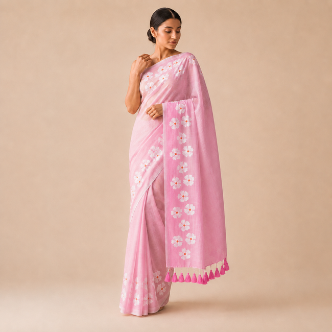 Small Daisy Flower Border Hand Painted Mul Cotton Saree - Without Blouse