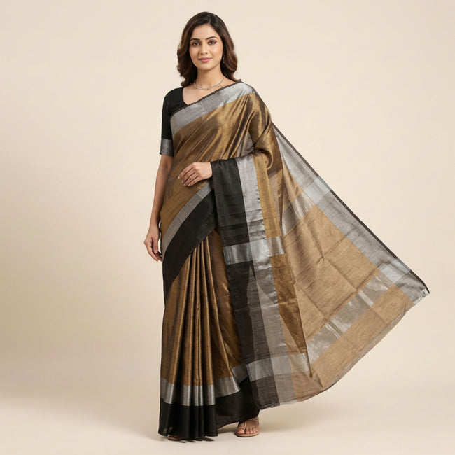 Black Gold Silver Handloom Tissue Cotton Chanderi Saree