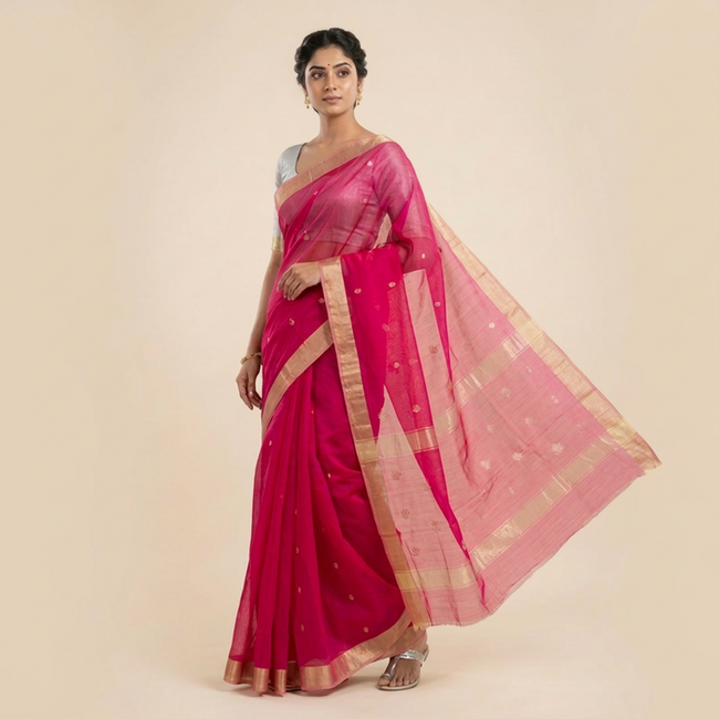 Pink Handloom Chanderi Cotton Silk Saree with Lotus Buta
