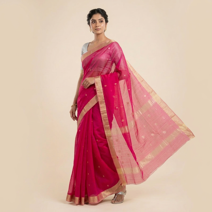 Pink Handloom Chanderi Cotton Silk Saree with Lotus Buta