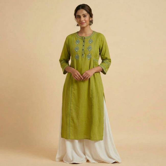 Green Hand Embroidered Cotton Kurta with Elegant Pintuck Detailing