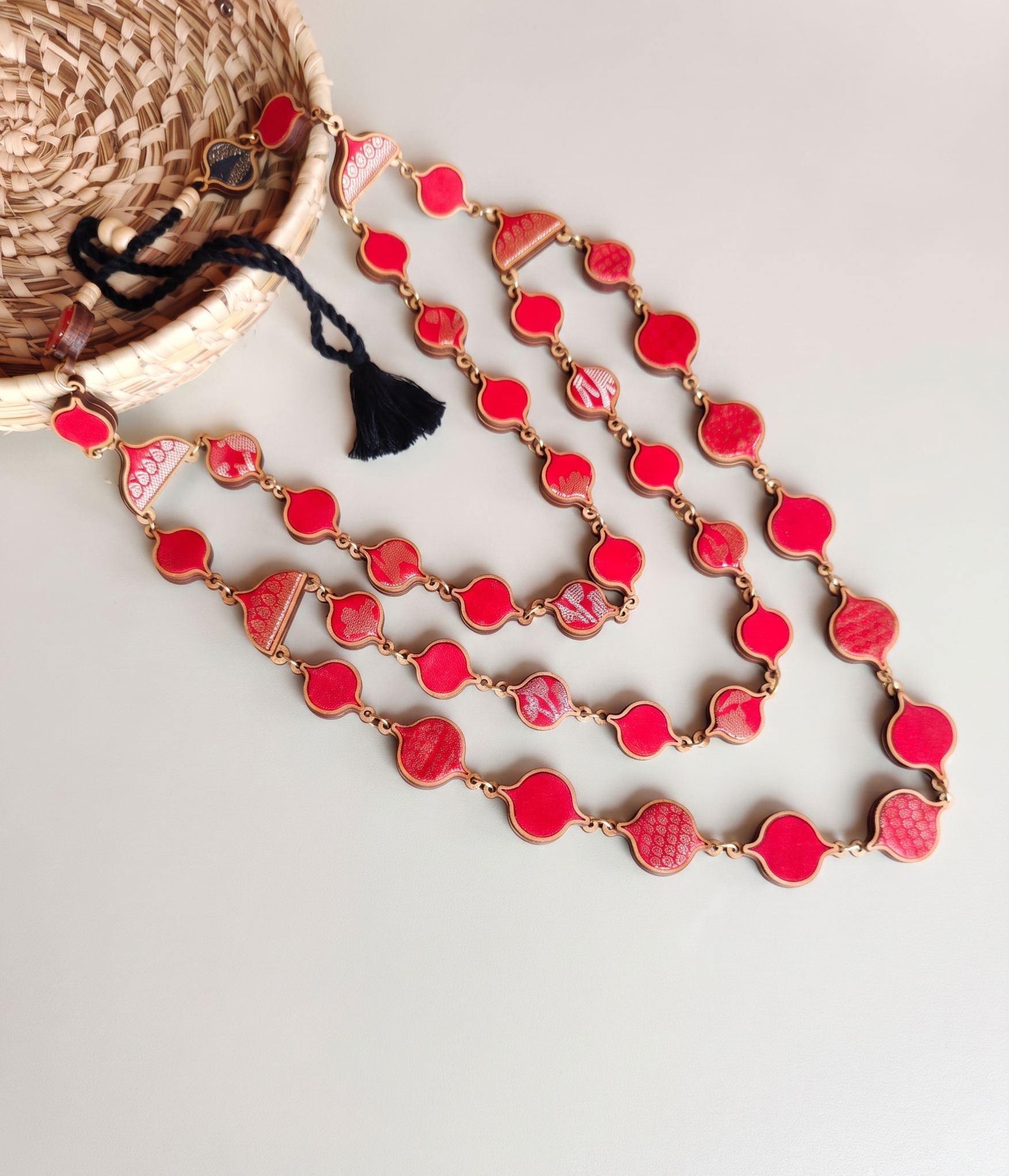 WHE layered Festive Repurposed Fabric and Wood Necklace