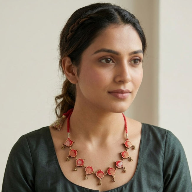 WHE Red Brocade Festive Repurposed Fabric and Wood Choker