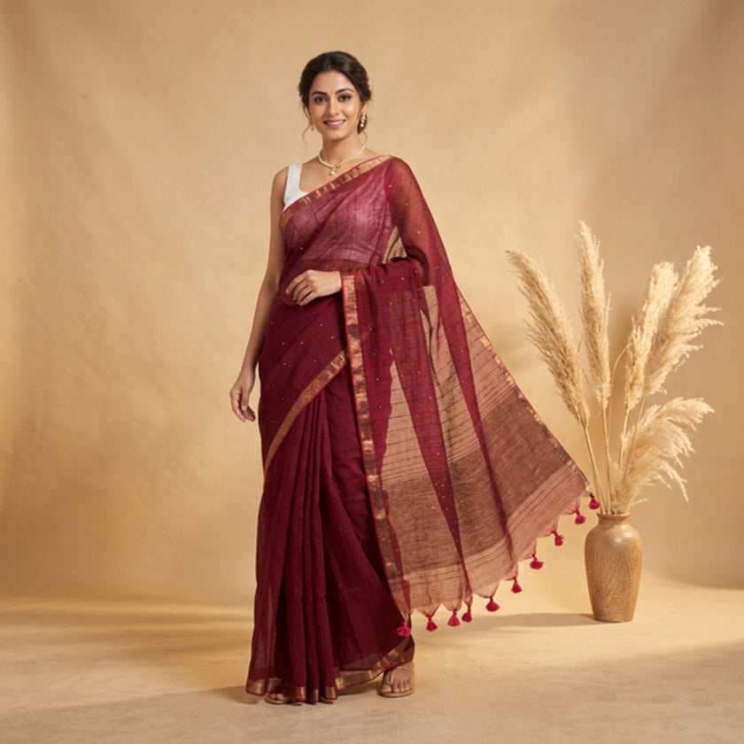 Maroon Handloom Sequins Jamdani Mul Cotton Saree