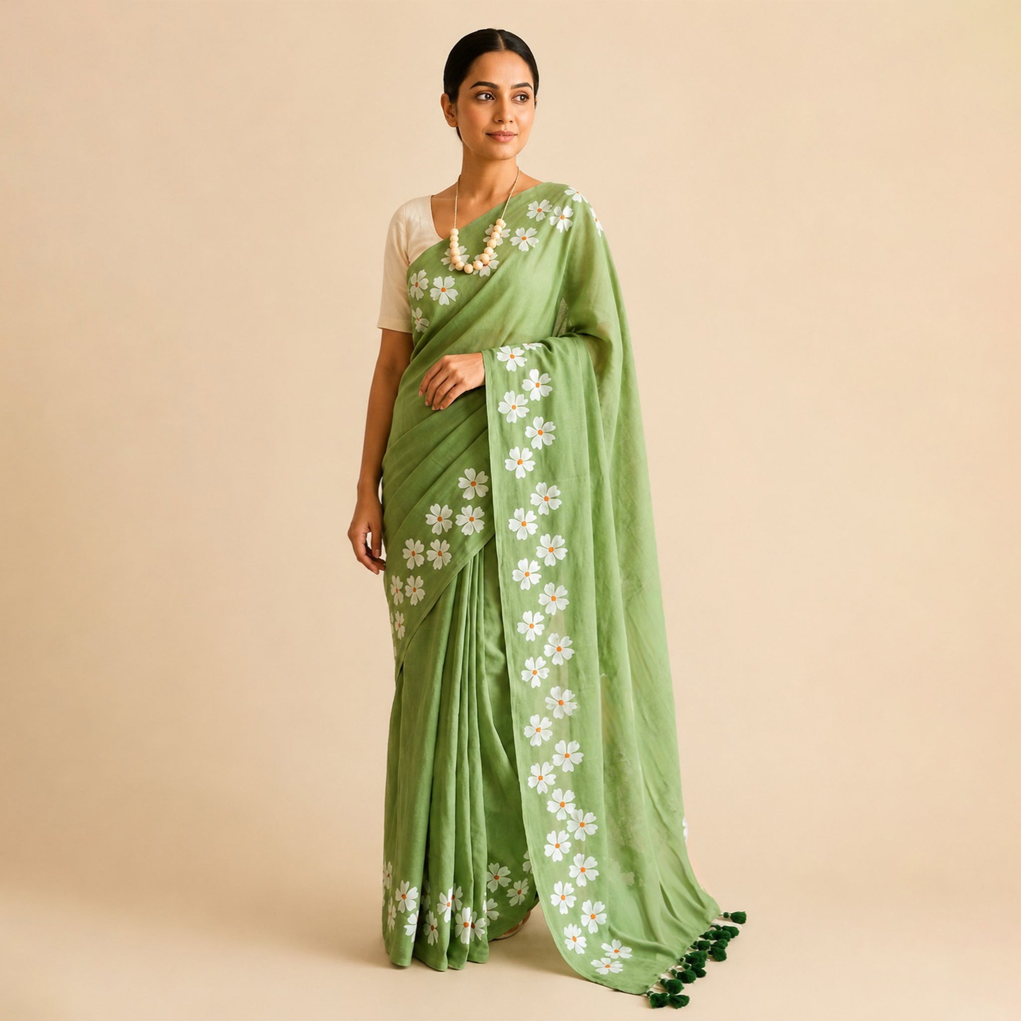 Green Small Daisy Flower Border Hand Painted Mul Cotton Saree - Without Blouse