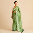 Green Small Daisy Flower Border Hand Painted Mul Cotton Saree - Without Blouse