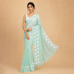 Aqua Green Small Daisy Flower Border Hand Painted Mul Cotton Saree - Without Blouse