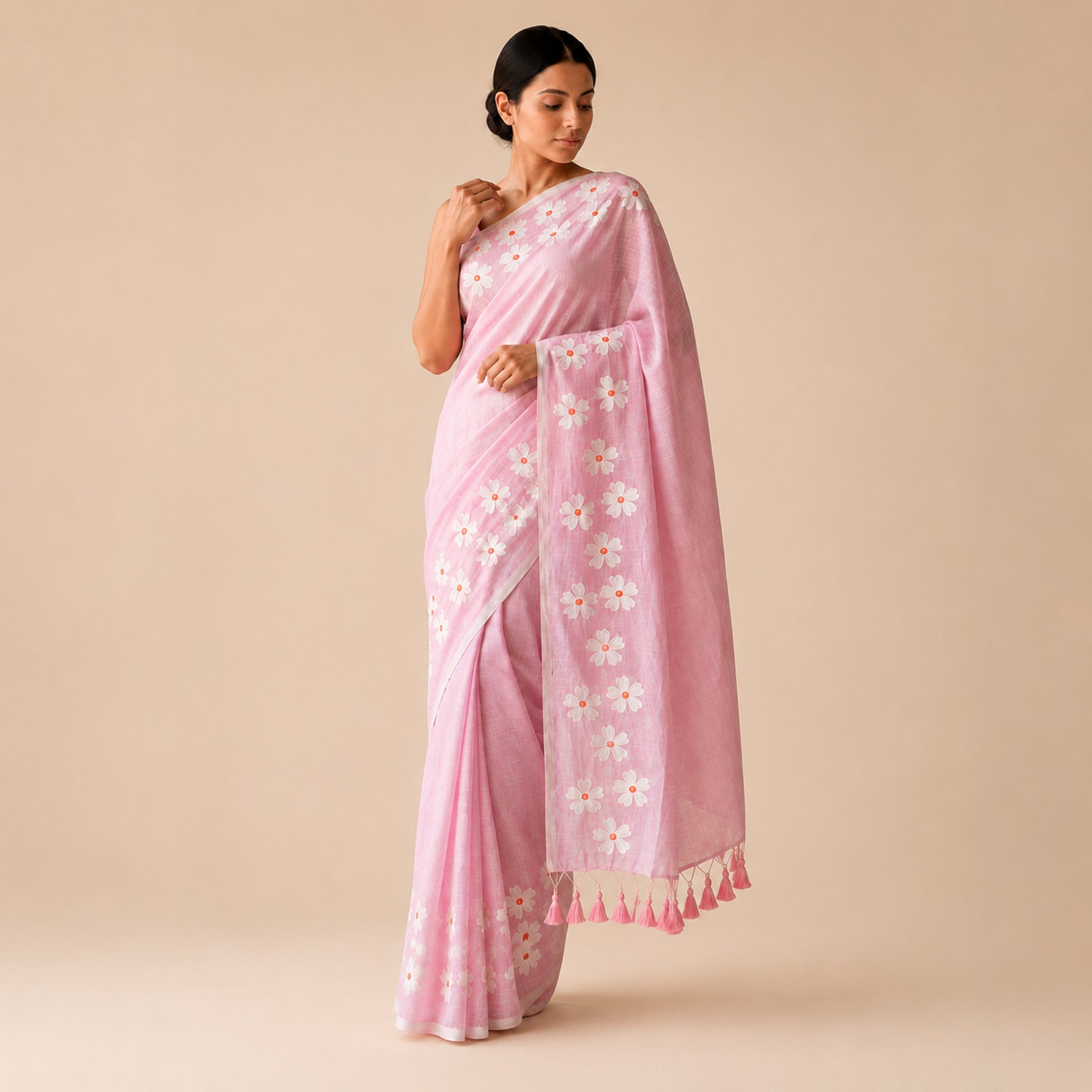 Soft Pink Small Daisy Flower Border Hand Painted Mul Cotton Saree - Without Blouse