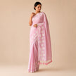 Soft Pink Small Daisy Flower Border Hand Painted Mul Cotton Saree - Without Blouse