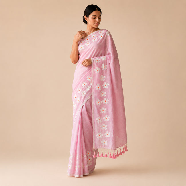 Soft Pink Small Daisy Flower Border Hand Painted Mul Cotton Saree - Without Blouse