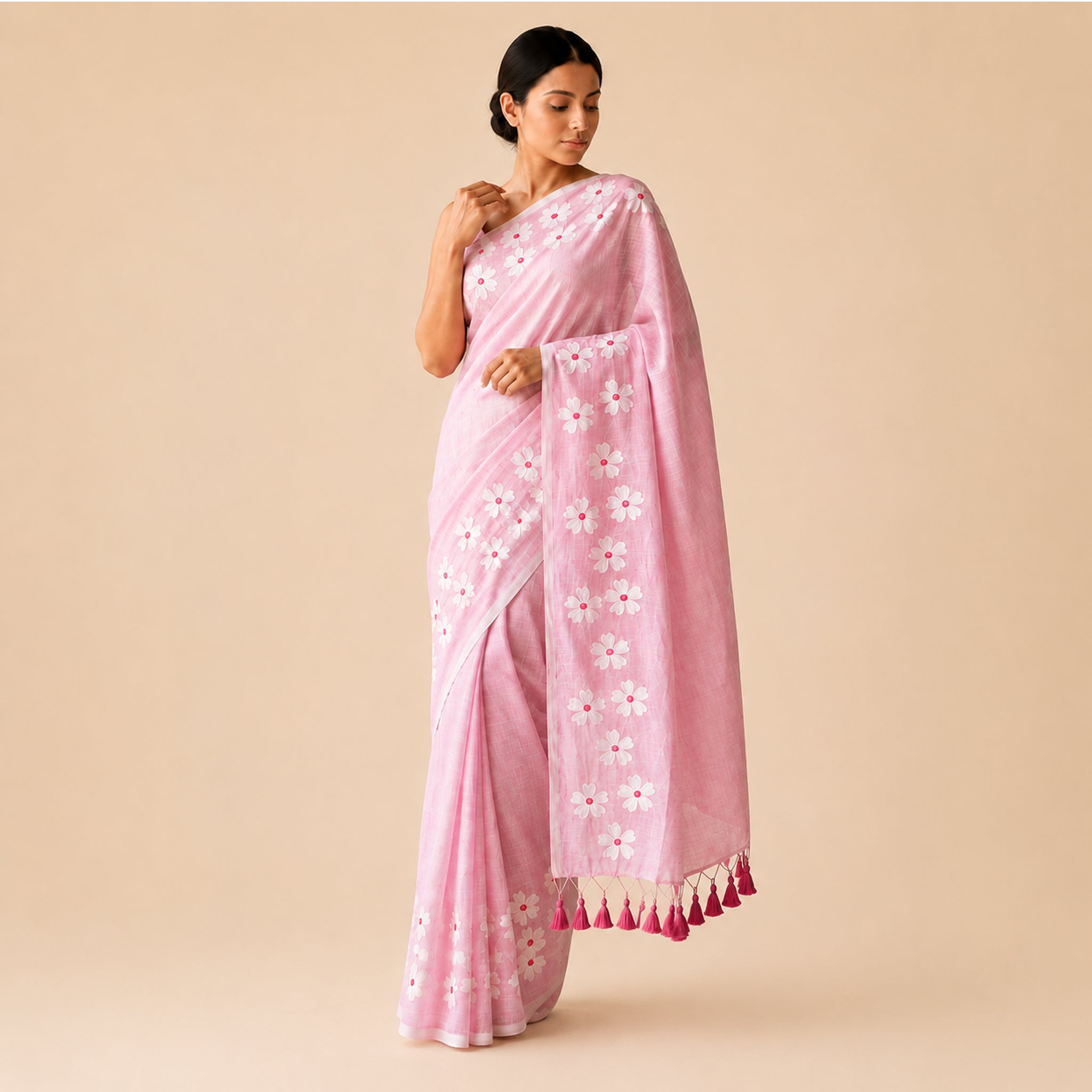 Light Pink Small Daisy Flower Border Hand Painted Mul Cotton Saree - Without Blouse