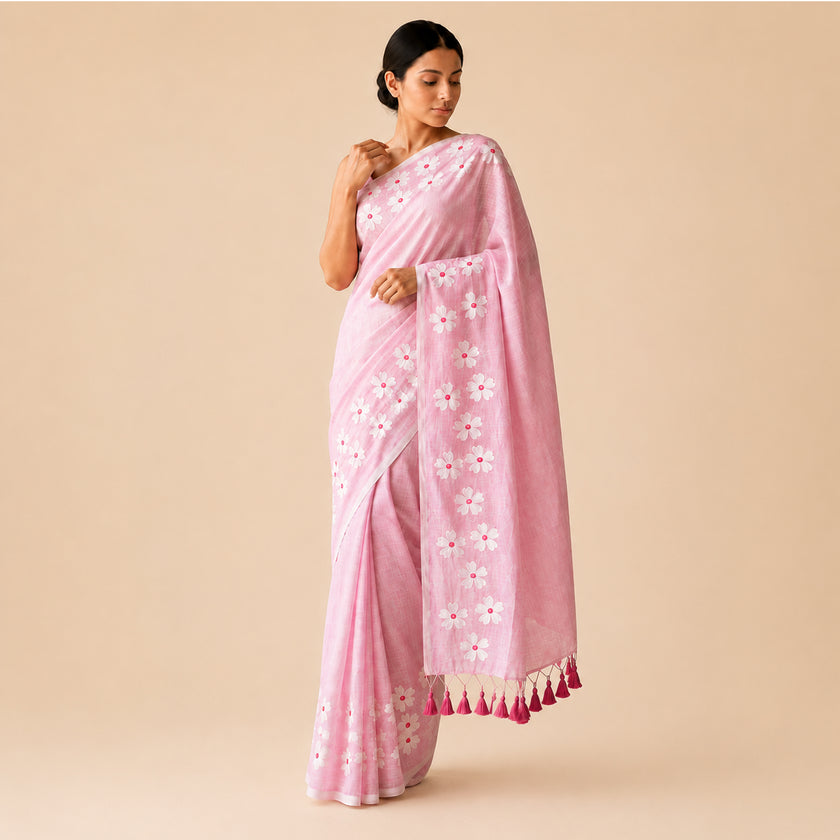 Light Pink Small Daisy Flower Border Hand Painted Mul Cotton Saree - Without Blouse