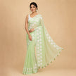 Pistachio Green Small Daisy Flower Border Hand Painted Mul Cotton Saree - Without Blouse