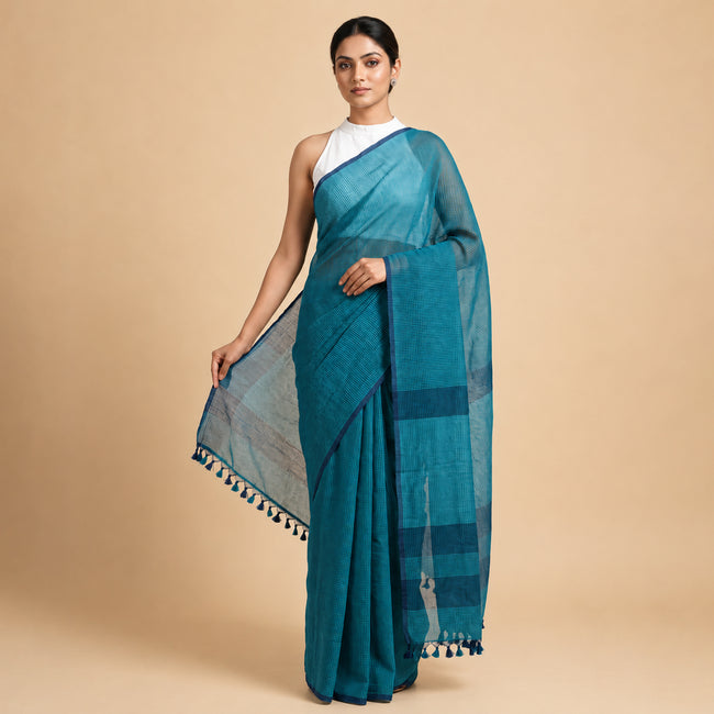 Blue Mini Checks Lightweight Handloom Mul Cotton Saree