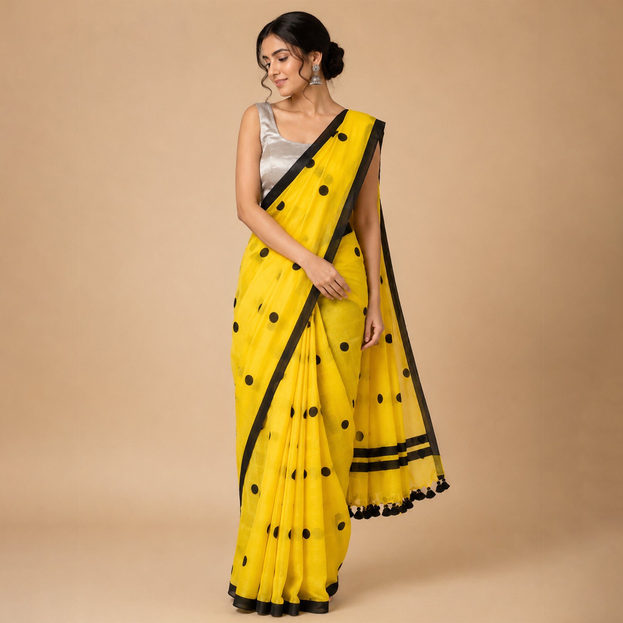 Yellow Polka Dot Handcrafted Lightweight Mull Cotton Saree