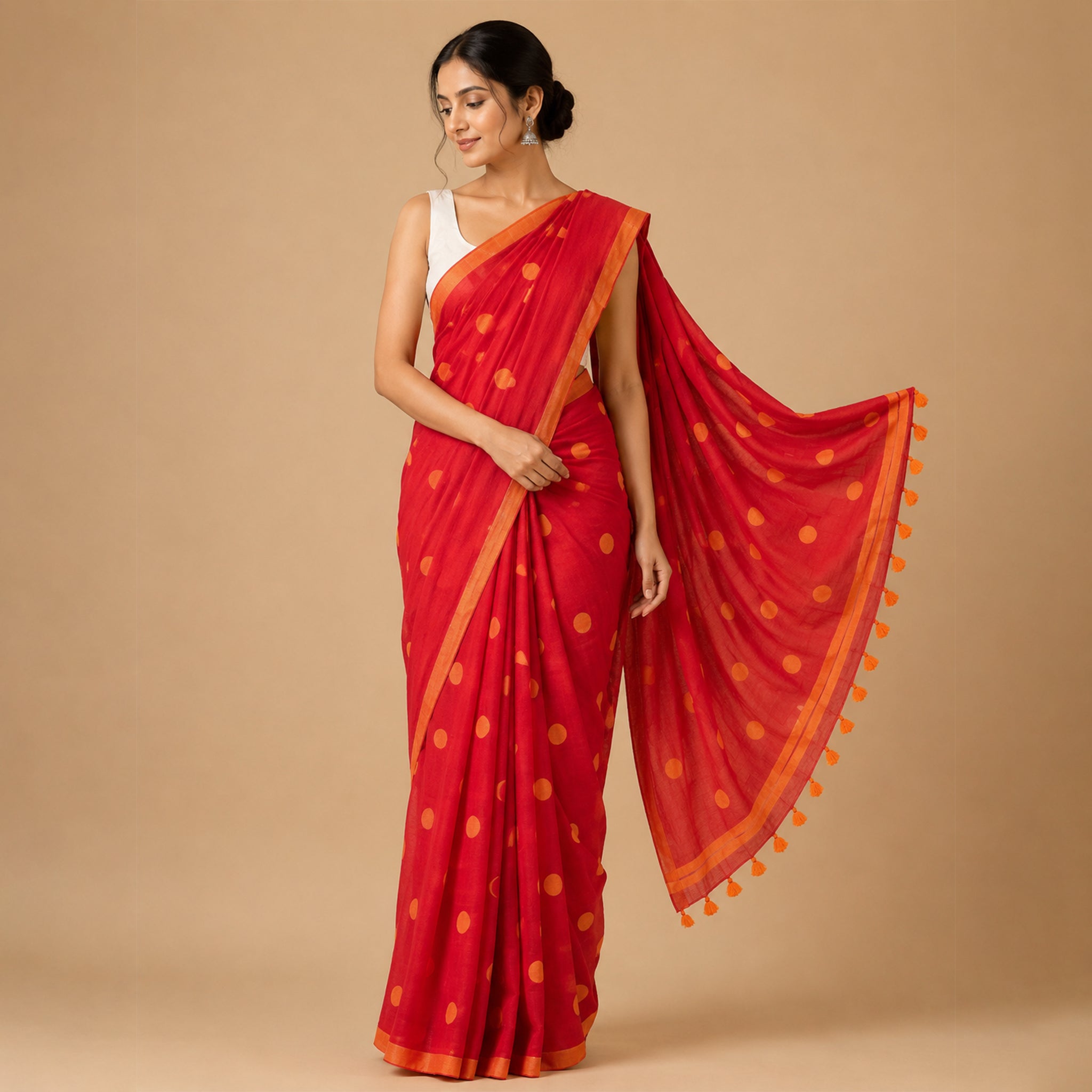 Red Polka Dot Handcrafted Lightweight Mul Cotton Saree