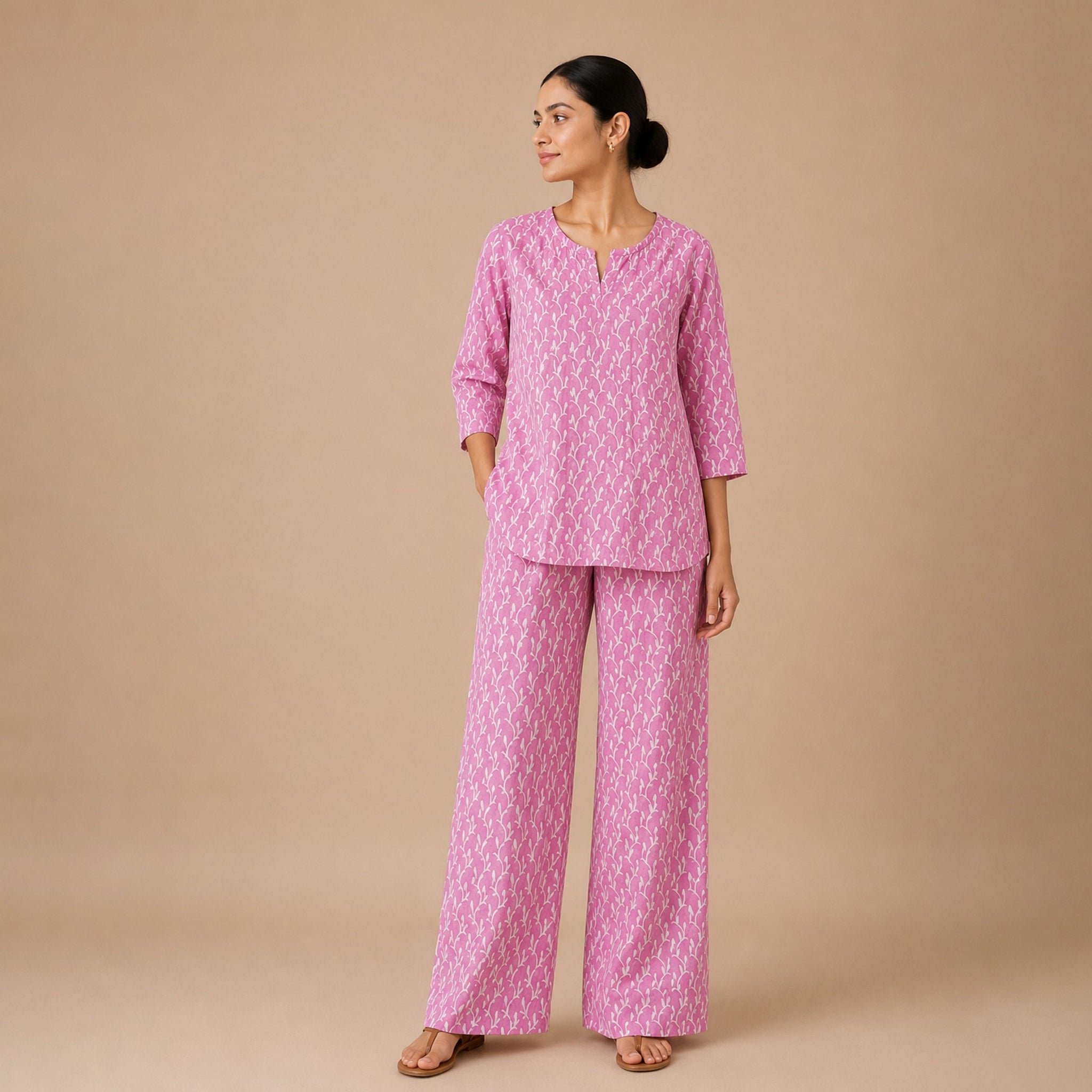 Pink Leaf Handblock Printed Cotton Co-ord Set