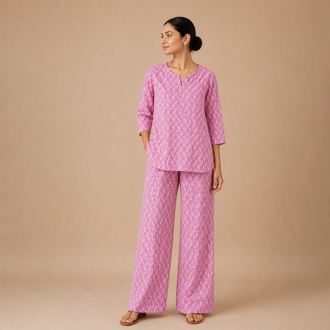 Pink Leaf Handblock Printed Cotton Co-ord Set