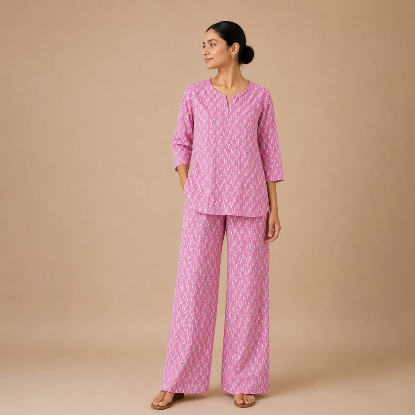 Pink Leaf Handblock Printed Cotton Co-ord Set