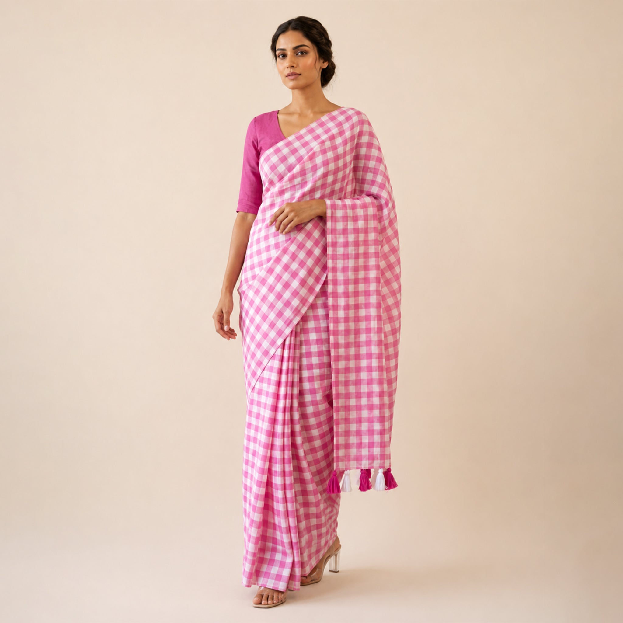 Small Checks Pink Mul Cotton Handloom Saree