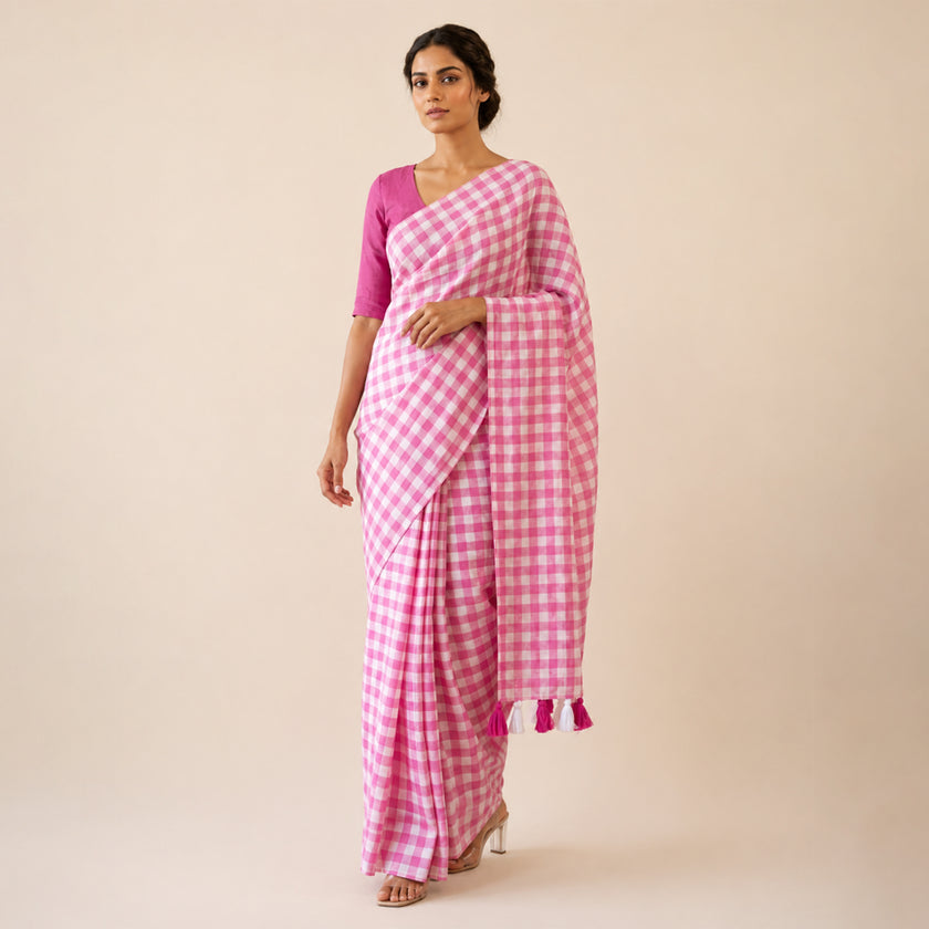 Small Checks Pink Mul Cotton Handloom Saree