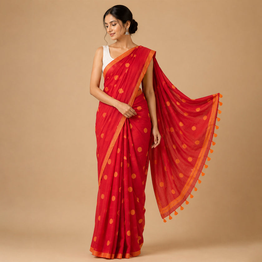 Red Polka Dot Handcrafted Lightweight Mul Cotton Saree